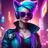 a woman with purple hair and headphones in a city