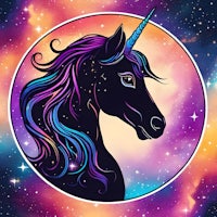 a black unicorn with colorful mane in a circle on a starry background
