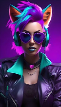 a woman with purple hair and headphones